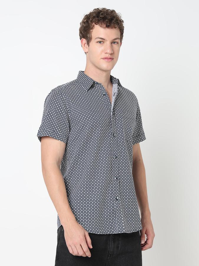 Men Cotton Linen Regular Fit Point Collar Printed Shirt