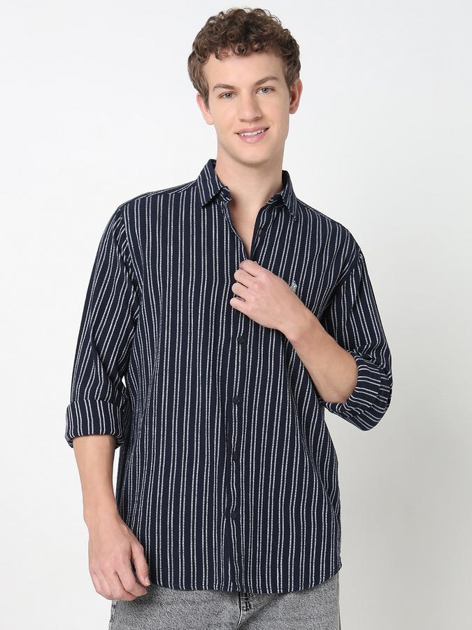 Men Cotton Slim Fit Shirt Collar Striped Shirt