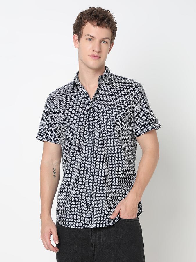 Men Cotton Linen Regular Fit Point Collar Printed Shirt