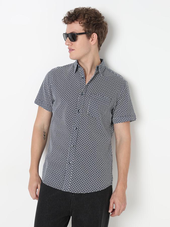 Men Cotton Linen Regular Fit Point Collar Printed Shirt