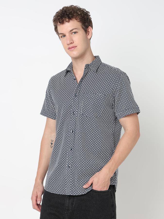 Men Cotton Linen Regular Fit Point Collar Printed Shirt